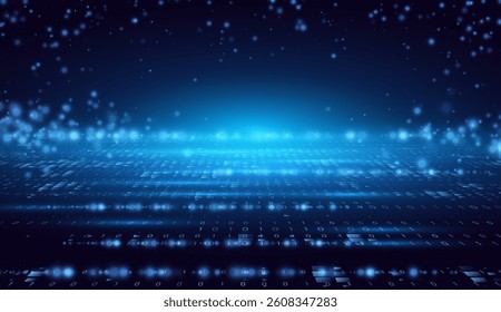 Network connection with blue futuristic digital elements forms a wide-angle landscape highlighting big data visualization immersive depth and structured technological composition