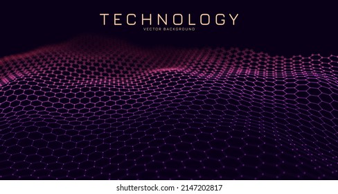 Network Connection Concept Background. Futuristic Hexagon Perspective Wide Lanscape. Futuristic Honeycomb Concept. 3D Landscape. Big Data Digital Vector Illustration.