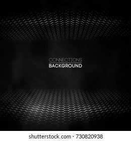 Network connection concept black background vector illustration. Futuristic hexagon perspective wide angle lanscape. Futuristic honeycomb concept. 3d landscape. Big data digital background.