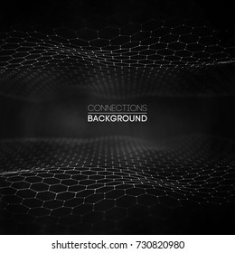 Network connection concept black background vector illustration. Futuristic hexagon perspective wide angle lanscape. Futuristic honeycomb concept. 3d landscape. Big data digital background.