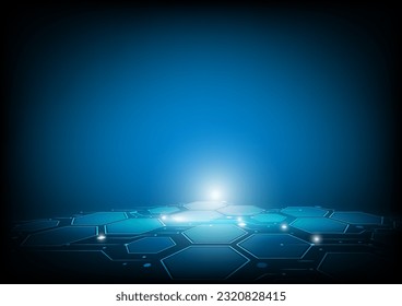 Network connection concept blue vector illustration. Futuristic hexagon perspective wide angle landscape. Futuristic honeycomb concept. Big data digital background.