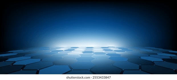 Network connection concept blue vector illustration. Futuristic hexagon perspective wide angle landscape. Futuristic honeycomb concept. Big data digital background.