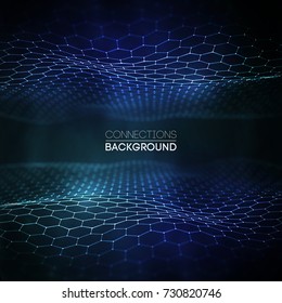 Network connection concept blue vector illustration. Futuristic hexagon perspective wide angle lanscape. Futuristic honeycomb concept. 3d landscape. Big data digital background.