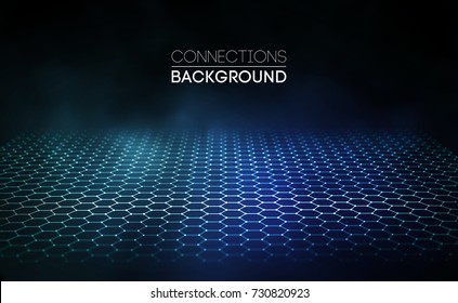 Network connection concept blue vector illustration. Futuristic hexagon perspective wide angle lanscape. Futuristic honeycomb concept. 3d landscape. Big data digital background.