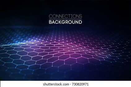 Network connection concept blue vector illustration. Futuristic hexagon perspective wide angle lanscape. Futuristic honeycomb concept. 3d landscape. Big data digital background.