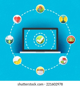 Network Connection Concept Flat Design Illustration with laptop and application icons