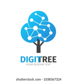 Network connection creative vector logo. Digital tree logotype concept. Cloud storage icon