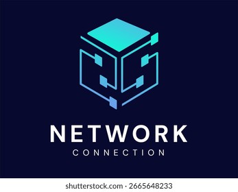 Network Connection with Cube of Network Lines technology Analysis logo vector design concept. Network connect logotype ideas for cyber security, Big data, ui, website, Advanced Technology, automation.