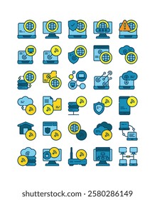 network connection cyber technology filled outline icon set vector illustration