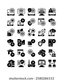 network connection cyber technology solid glyph icon set vector illustration