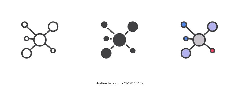 Network, connection different style icon set. Line, glyph and filled outline colorful version, outline and filled vector sign. Node structure symbol, logo illustration. Vector graphics