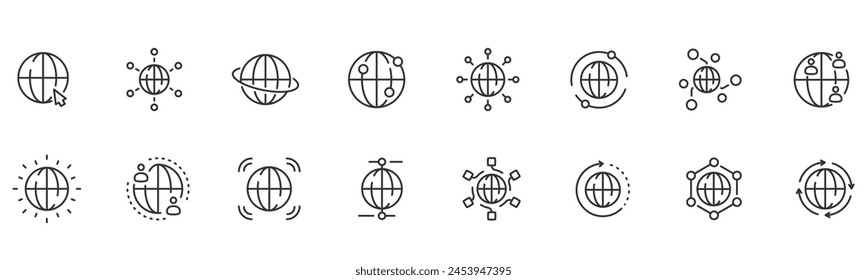 Netzwerkverbindung mit dem Globus-Erde-Symbol. Internet-Symbole Zeile Symbolsatz