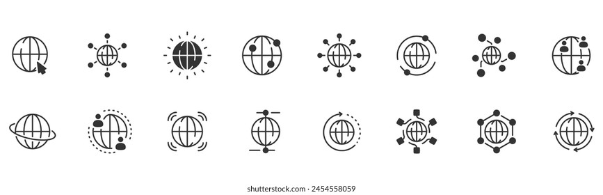 Network connection with globe earth icon. Internet symbols line icon set