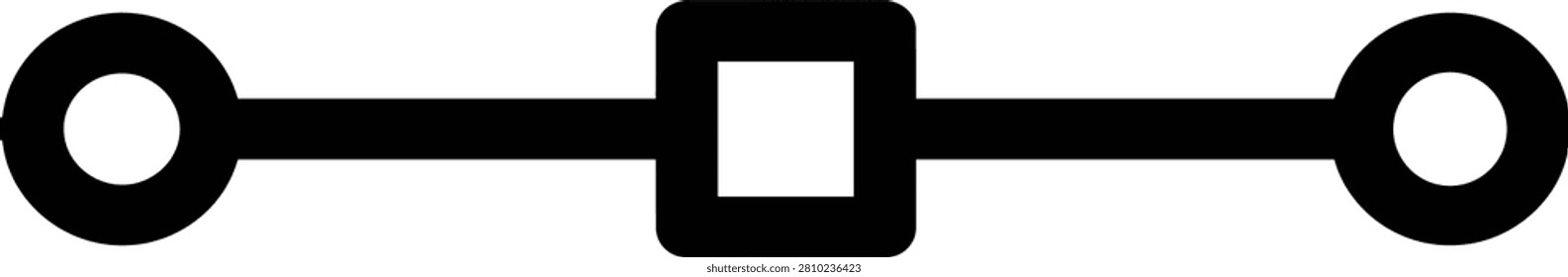 Network connection nodes with square and circles icon. A linear icon featuring two circular nodes connected by a straight line with a square node in the center. Ideal for technology networking diagrams and system workflow visualizations.