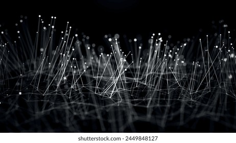 Network connection points and lines. Data technology illustration. Abstract background with dynamic wave. Plexus. Black and white background. 3D vector illustration