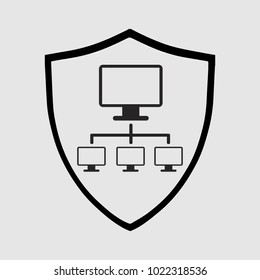 Network connection security icon. Protection shield. Silhouette symbol on gray background. Negative space. Vector illustration
