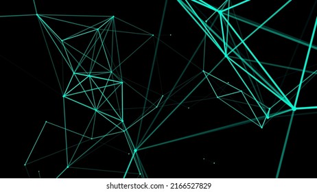 Network connection structure. Abstract green background with moving dots and lines. Futuristic illustration. Digital technology design. Vector illustration.