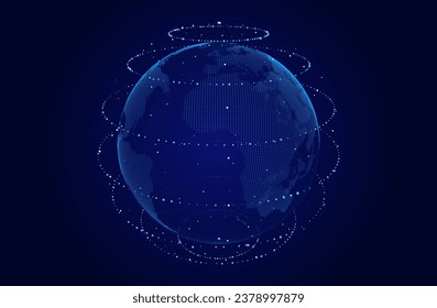 Network connection structure. Abstract technology background with digital connecting data on planet. Map Earth of dots. Blockchain concept. Vector illustration.