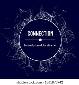 Network connection structure with place for text. Abstract background with moving dots and lines. Technology wireframe sphere.