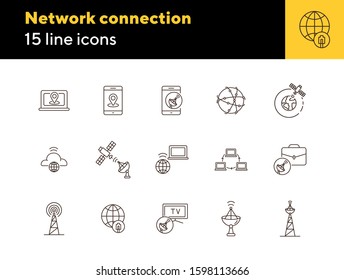 Network connection thin line icon set. Transmitter tower, signal transmission, worldwide connection isolated sign pack. Communication services concept. Vector illustration symbol elements for apps
