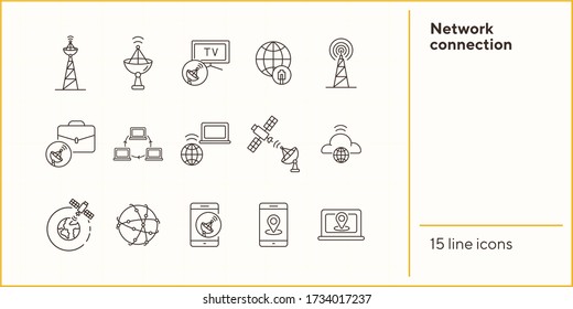 Network connection thin line icon set. Transmitter tower, signal transmission, worldwide connection isolated sign pack. Communication services concept. Vector illustration symbol elements for apps