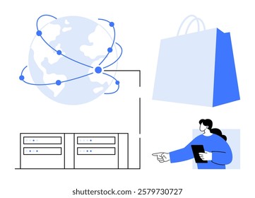 Network connections around a globe, shopping bag, storage servers, and woman pointing. Ideal for e-commerce, global business, cloud storage, technological systems, and data management themes