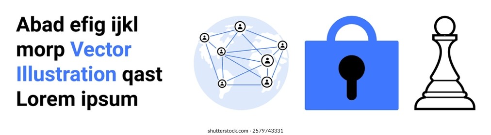 Network connections, a blue padlock, and a chess piece symbolize connectivity, security, and strategy. Perfect for tech, cybersecurity, networking, strategic planning. Banner for landing page