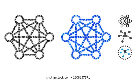 Network connections composition of circle elements in different sizes and color tinges, based on network connections icon. Vector circle elements are organized into blue illustration.