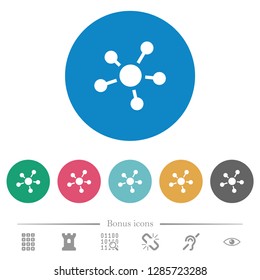 Network connections flat white icons on round color backgrounds. 6 bonus icons included.