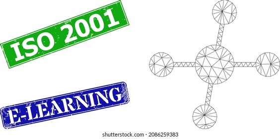 Imagen de conexiones de red y sellos sucios rectangulares de color azul y verde ISO 2001. La ilustración de canal poligonal se crea a partir del pictograma de conexiones.