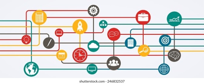 Network connections, information flow with icons in horizontal position.