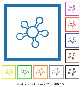 Network connections outline flat color icons in square frames on white background