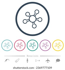 Network connections outline flat color icons in round outlines. 6 bonus icons included.