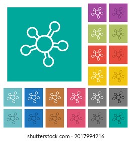 Network connections outline multi colored flat icons on plain square backgrounds. Included white and darker icon variations for hover or active effects.