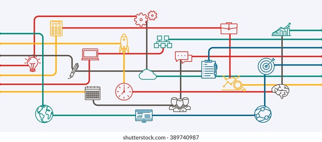 Network connections, planning and strategy of startup a business project. Information flow with icons in horizontal position.