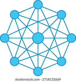 Conexões e relações de rede em uma estrutura circular com linhas e nós azuis