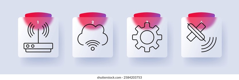 Network and connectivity set icon. Wi-Fi router, cloud connection, gear settings, satellite signal, wireless technology, data transfer, communication