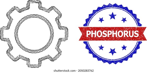 Network contour gear framework icon, and bicolor dirty Phosphorus seal. Flat framework created from contour gear icon and intersected lines. Vector imprint with grunge bicolored style,