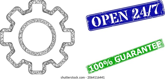 Network contour gear image, and Open 24 - 7 blue and green rectangular textured stamp seals. Polygonal carcass symbol is designed with contour gear pictogram.