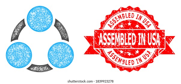 Network cooperation icon, and Assembled in USA grunge ribbon stamp seal. Red stamp seal contains Assembled in USA caption inside ribbon.Geometric wire frame 2D network based on cooperation icon,