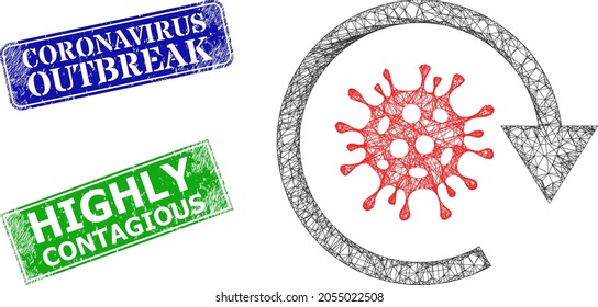 Network Covid Virus Update Image, And Coronavirus Outbreak Blue And Green Rectangular Grunge Stamps. Polygonal Wireframe Image Designed With Covid Virus Update Icon.