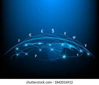 Network currency and business international money transfer illustration on blue background