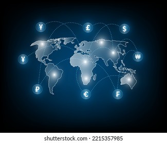 Network currency and business international money transfer illustration on blue background