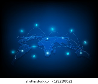 Network of currency money transfers and exchange, financial illustration