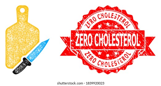 Network cutting board and knife icon, and Zero Cholesterol scratched ribbon seal imitation. Red seal includes Zero Cholesterol title inside ribbon.