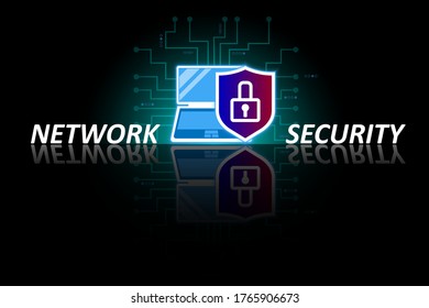 Network cyber security, data protection, electronic payments, transactions and transfer worldwide. Laptop with shield and lock on a digital black background with mirror reflection