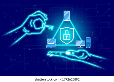 Network cyber security, data protection, electronic payment, transaction. Cyber digital hand holds smartphone, pc and laptop, gadgets with shield, lock on a digital background. Hand with a digital key