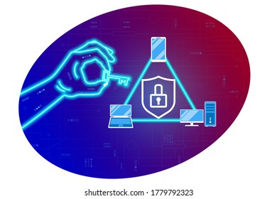 Network cyber security, data protection, electronic payment, transaction. Cyber neon hand opens a digital lock with a key. Smartphone, pc and laptop, with shield, lock on a digital background. Vector