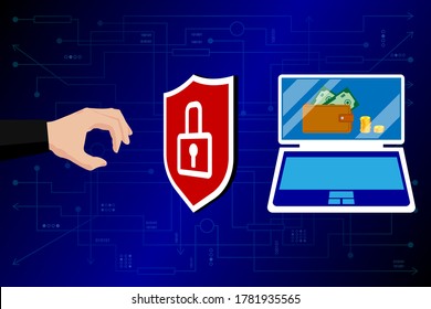 Network cyber security, data protection, electronic payments, transactions. A fraudster's hand is trying to steal data, money from a laptop. Shield with lock on a digital background