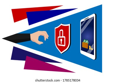Network cyber security, data protection, electronic payments, transactions. A fraudster's hand is trying to steal data, money from a smartphone, telephone. Shield with lock on a abstract background